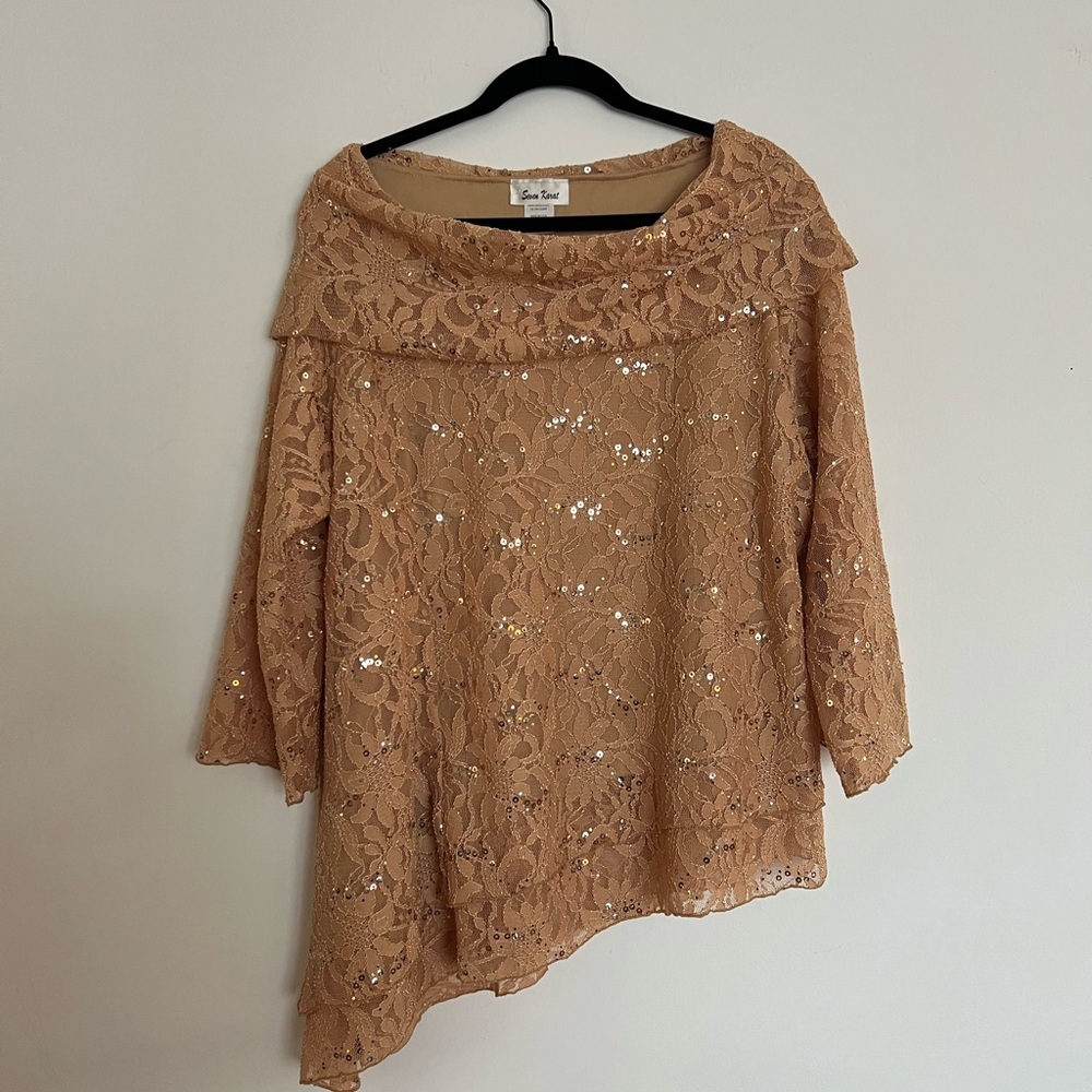 Y2K Plus Size Asymmetrical Cowl Off-Shoulder Layered Lace Top Gold Sequin